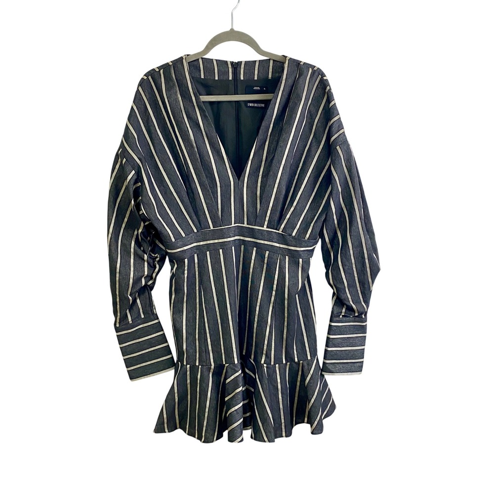 C/MEO Collective Striped Mini Dress Grey White V-Neck Long Sleeve Ruffle Hem XL